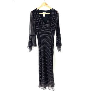 Vtg ICE Dress Size 4 Womens Black Silk Polka Dot Midi Fairycore Y2K Bell Sleeve
